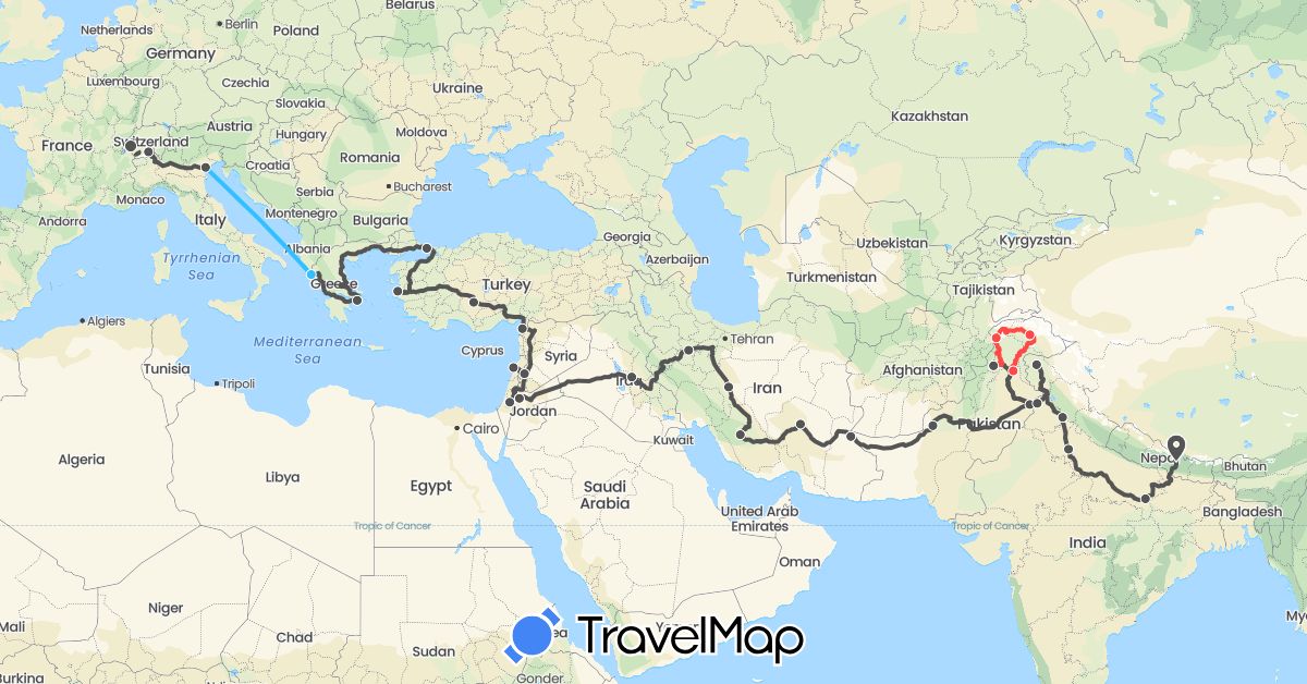 TravelMap itinerary: driving, hiking, boat, motorbike in Switzerland, Greece, India, Iraq, Iran, Italy, Jordan, Lebanon, Nepal, Pakistan, Palestinian Territories, Syria, Turkey (Asia, Europe)
