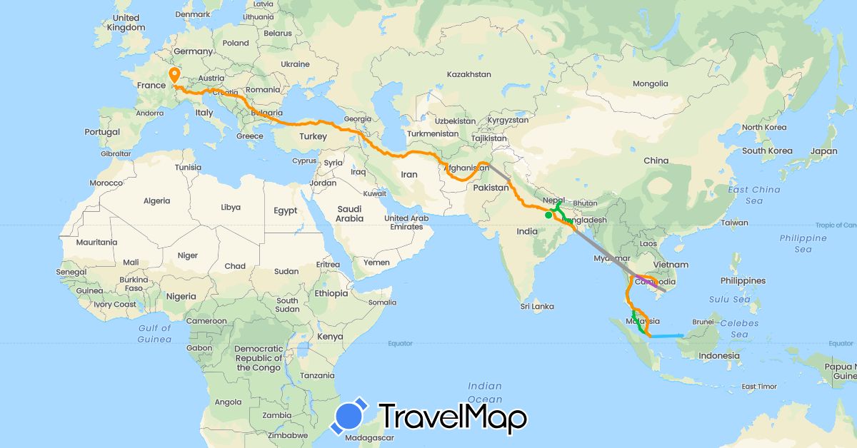 TravelMap itinerary: driving, bus, plane, train, boat, hitchhiking in Afghanistan, Bulgaria, Switzerland, India, Iran, Italy, Cambodia, Myanmar (Burma), Malaysia, Nepal, Serbia, Singapore, Thailand, Turkey, Vietnam (Asia, Europe)