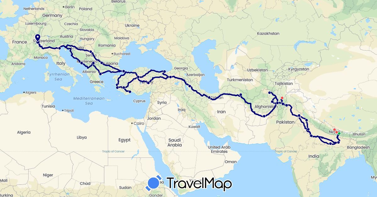 TravelMap itinerary: driving, bus, plane, hiking in Afghanistan, Bulgaria, Switzerland, Greece, Croatia, India, Iran, Italy, Nepal, Pakistan, Serbia, Turkey, Kosovo (Asia, Europe)